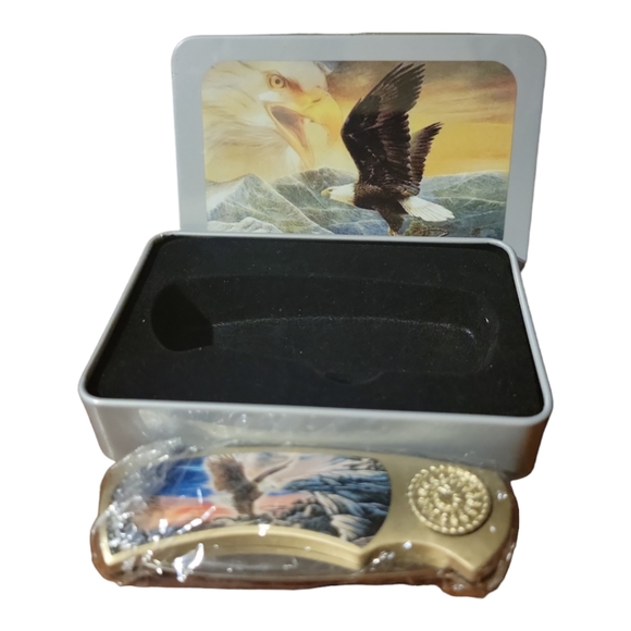 1 Vtg Flying Eagle Camp Folding Lock Blade Stainless Steel Pocket Knife/Tin Box - Picture 2 of 6